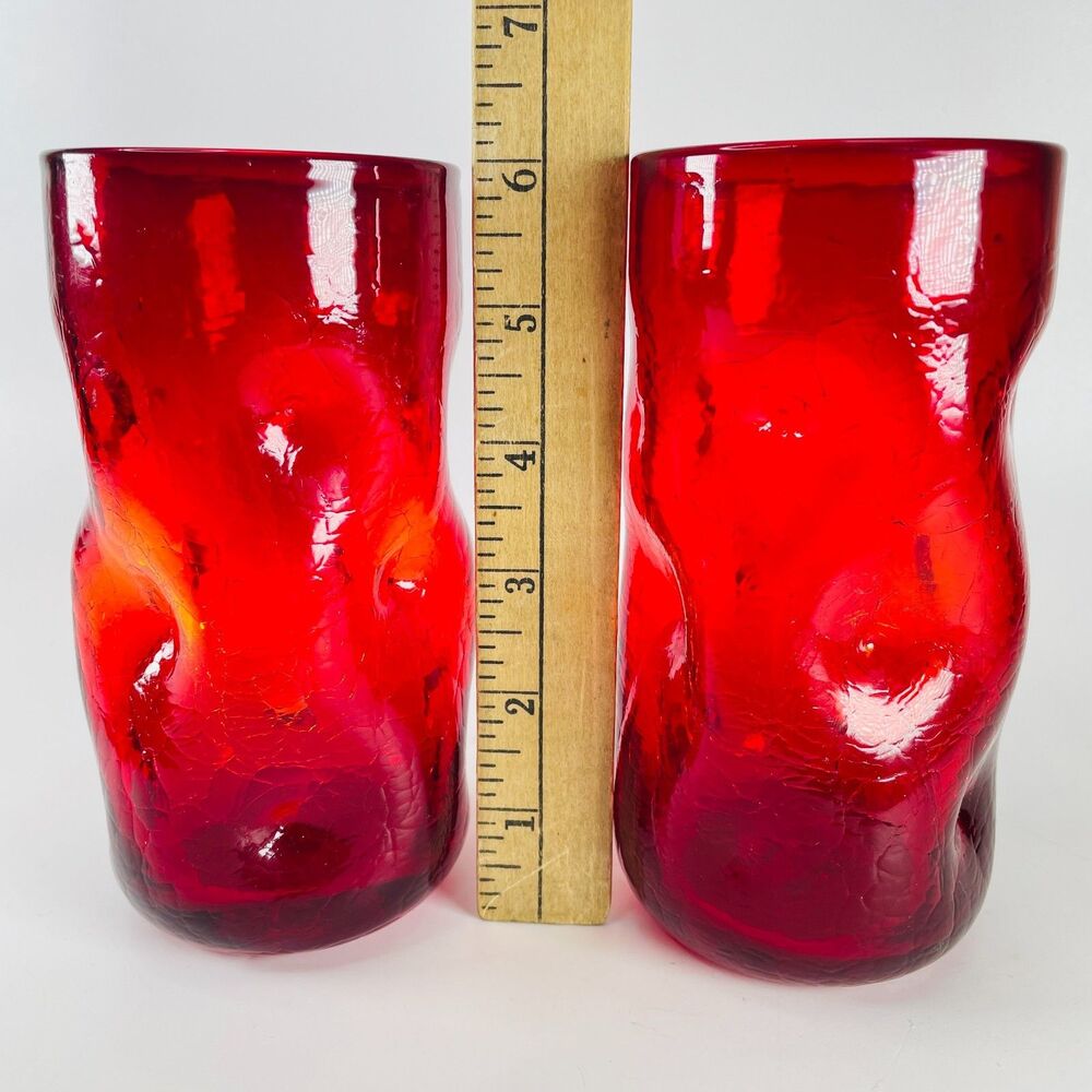 Blenko MCM Red Tangerine Amberina Crackle Pinch Dimple 6" Tumbler Glasses Pair - Picture 2 of 8